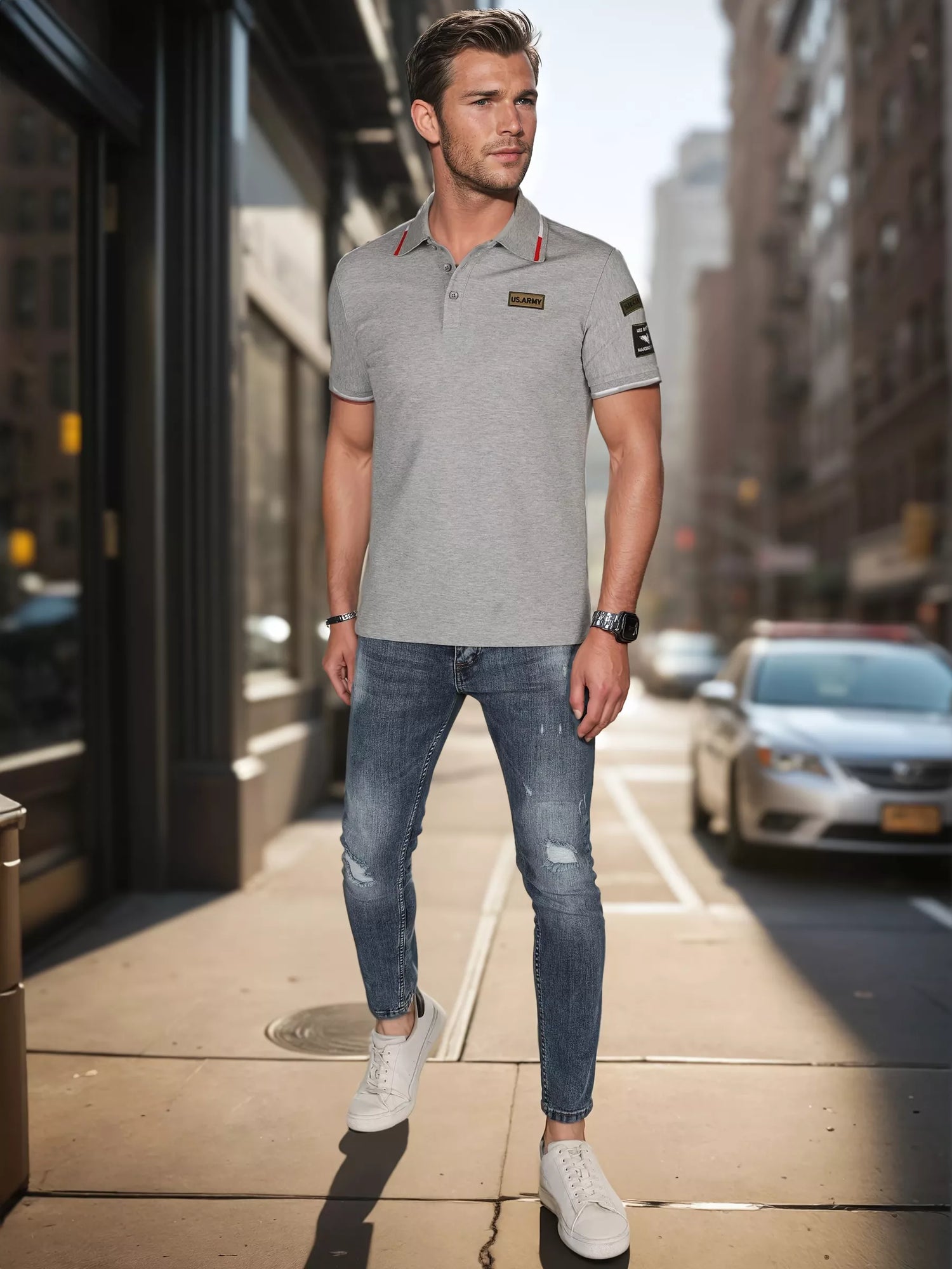 Vyriški polo marškinėliai su lopais pilki US Army