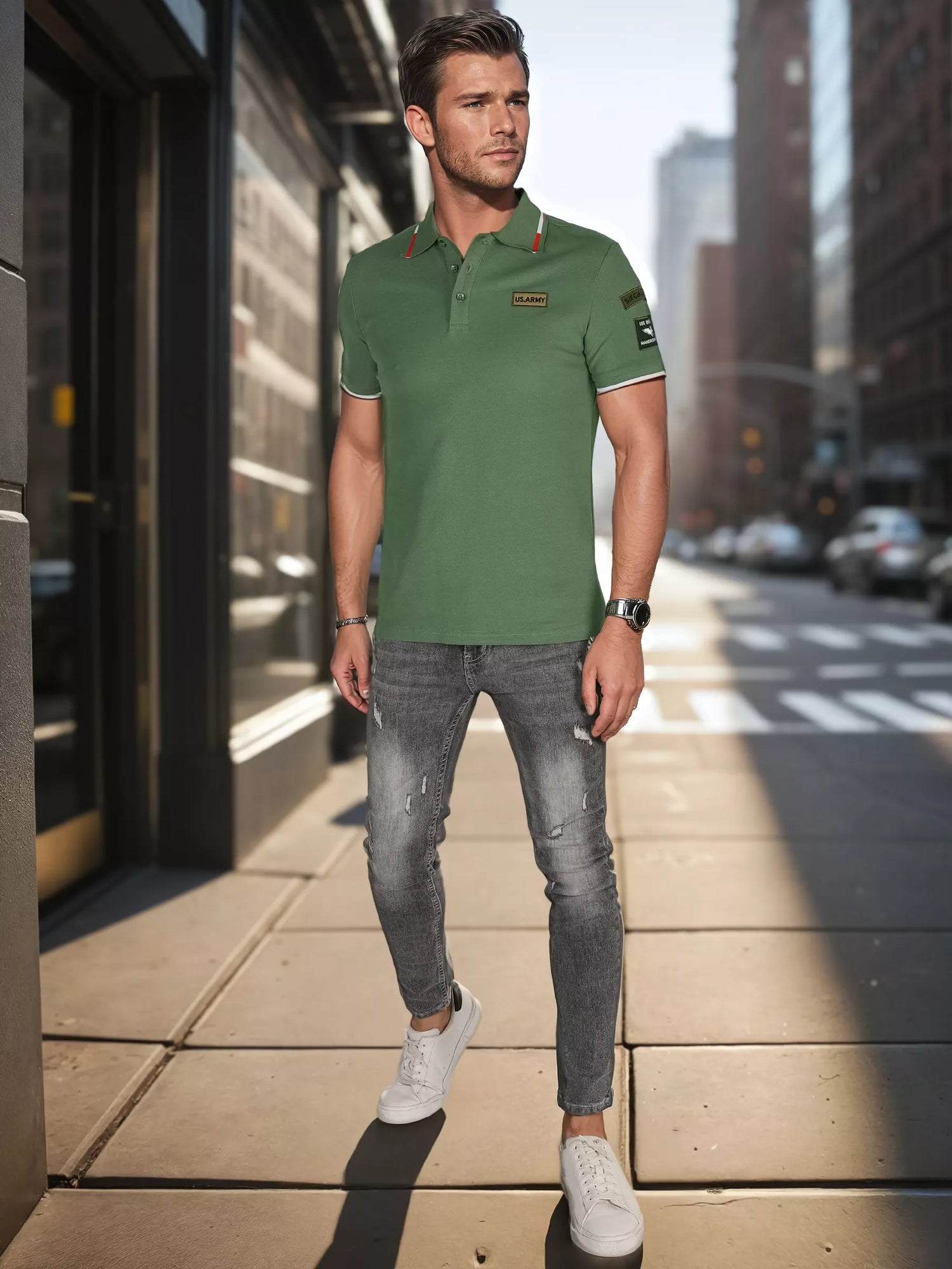 Vyriški polo marškinėliai su lopais žali US Army