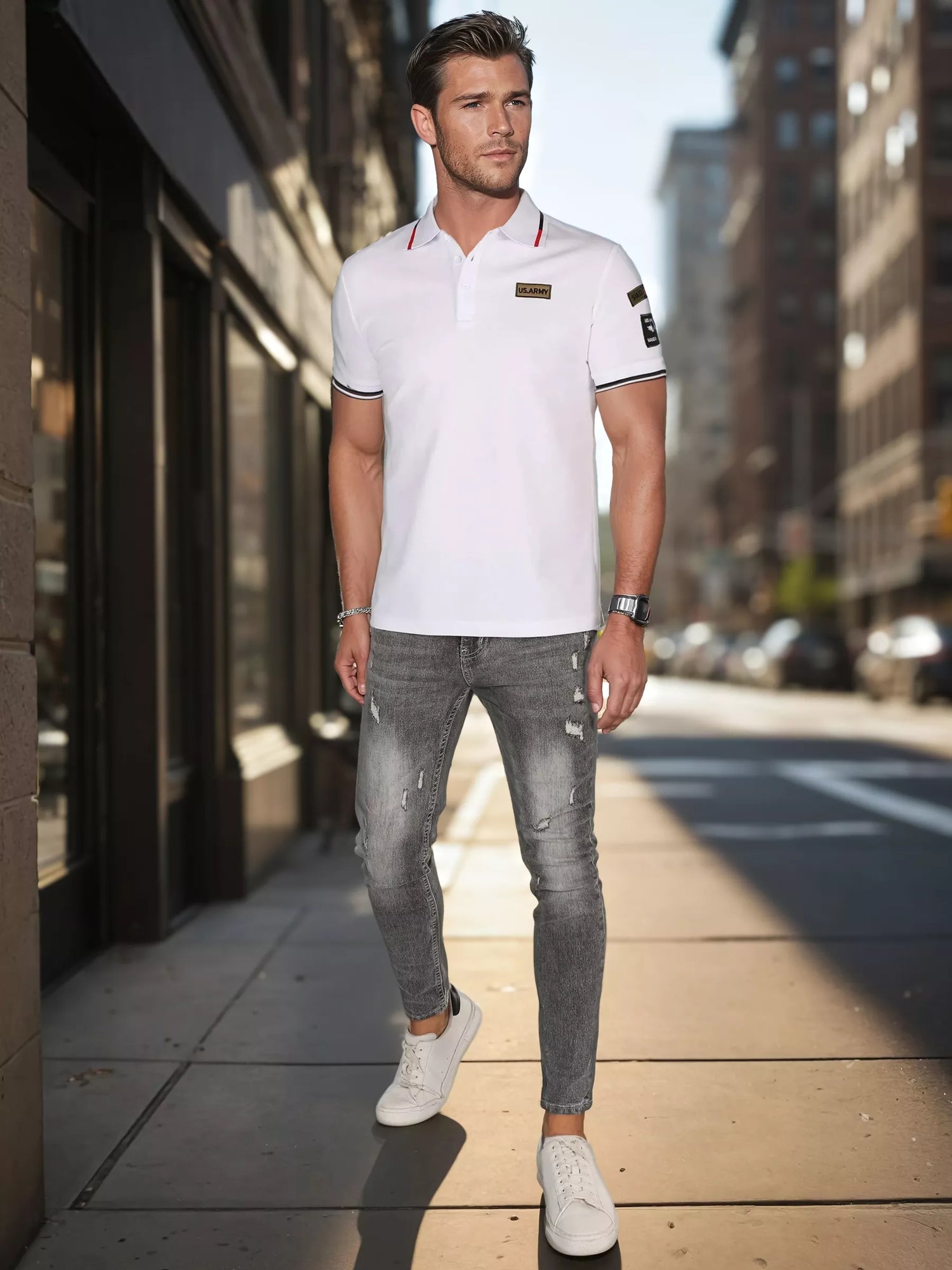 Vyriški polo marškinėliai su lopais balti US Army