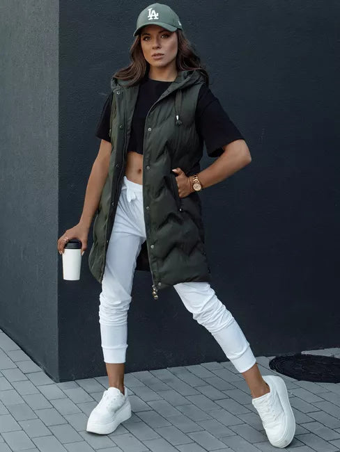 Moteriška dygsniuota tamsiai žalia liemenė su gobtuvu Lily