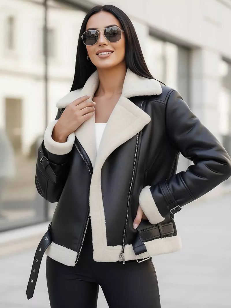 Moteriška juoda odinė striukė su baltu kailiuku Elen