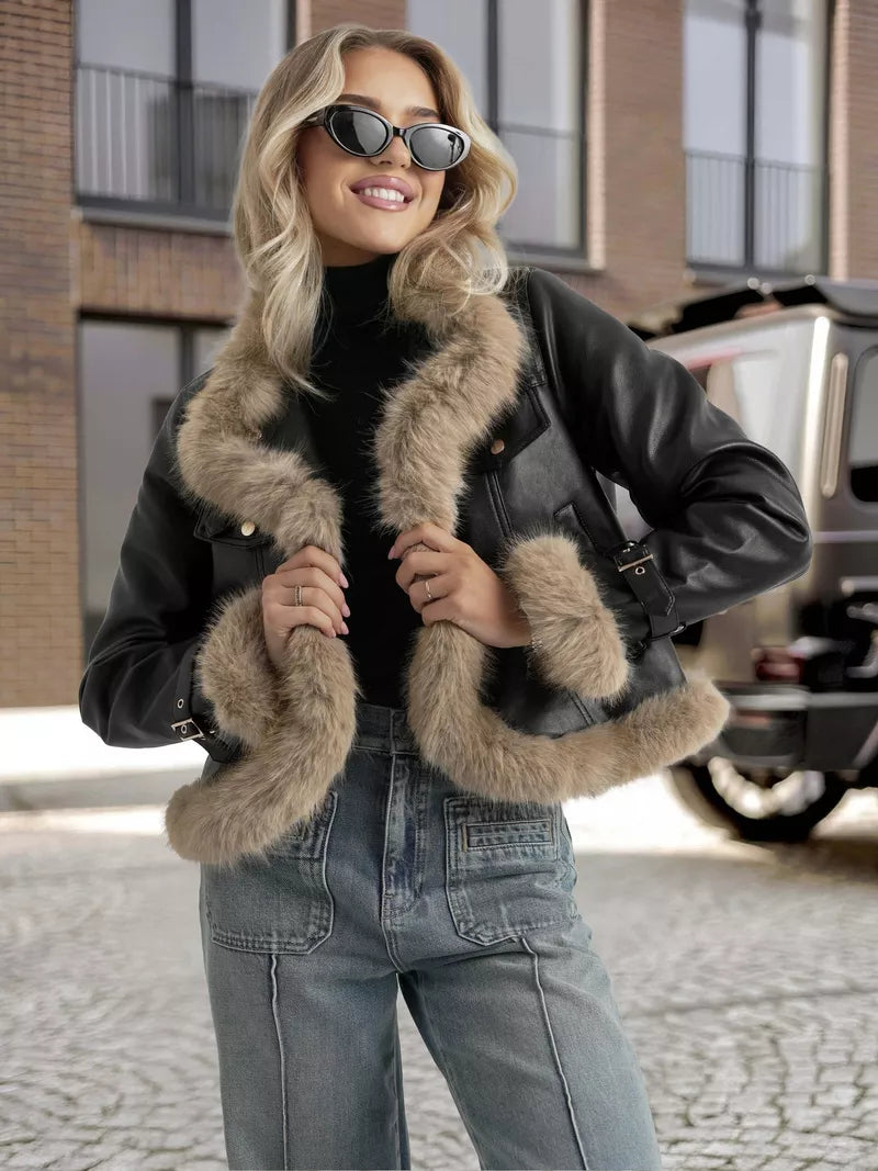 Moteriška juoda odinė striukė su kailiu Bali