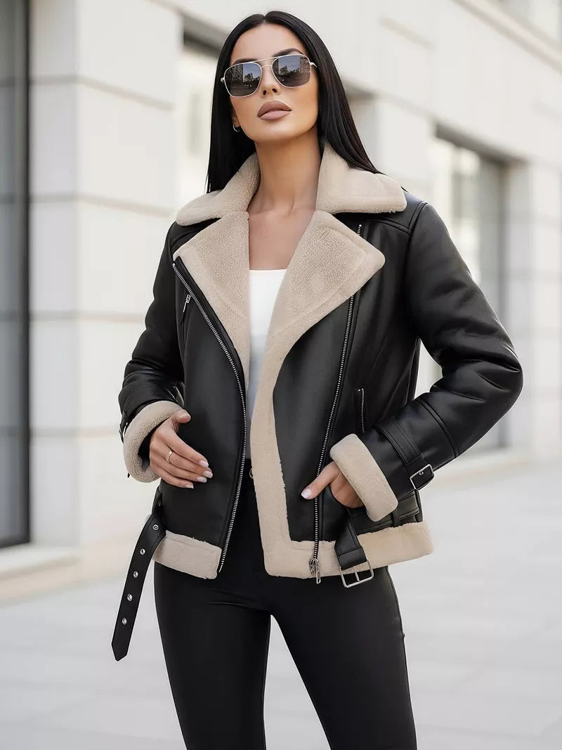 Moteriška juoda odinė striukė su kailiuku Elen