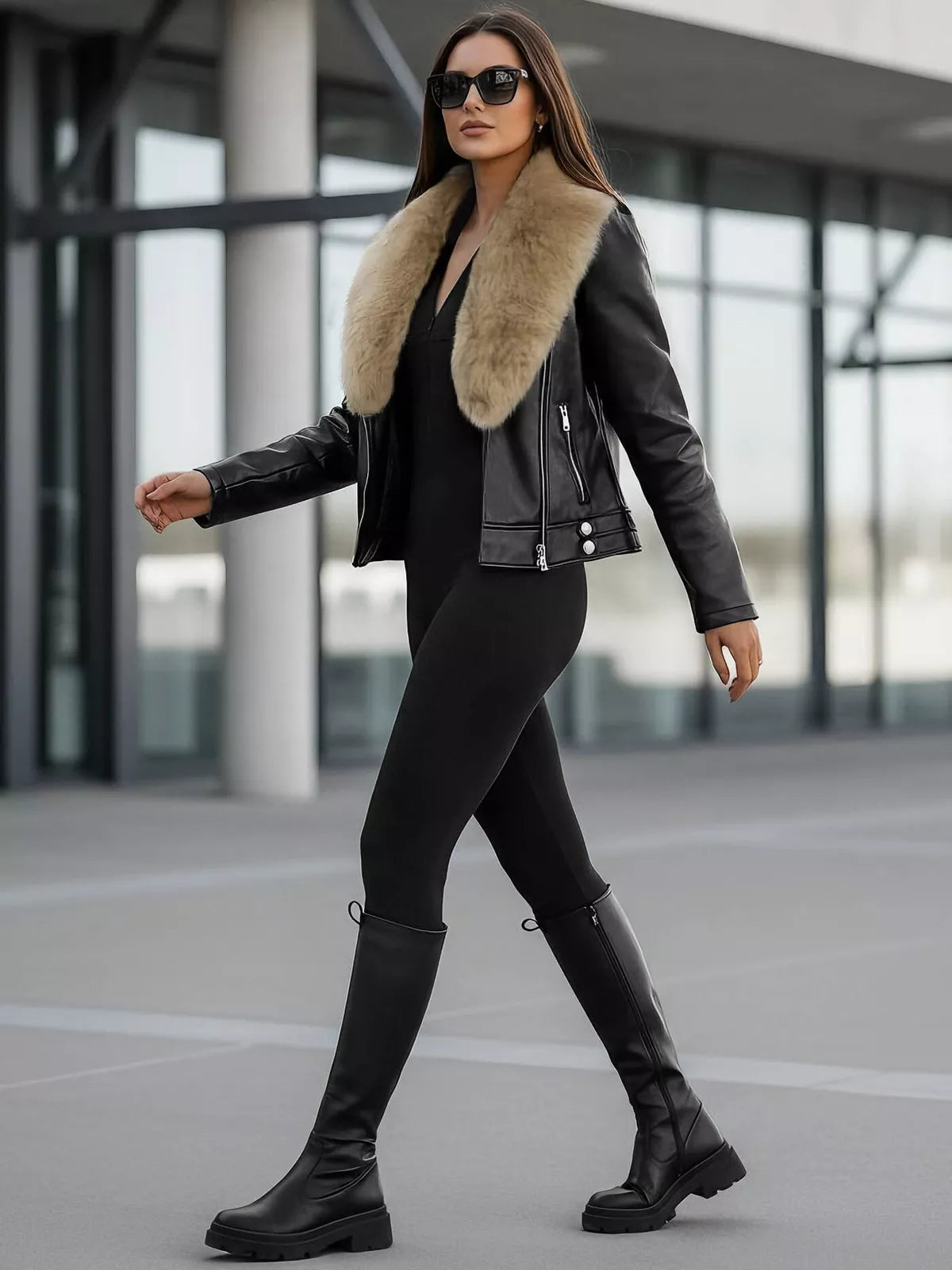 Moteriška juoda odinė striukė su rusvu kailiuku Laser