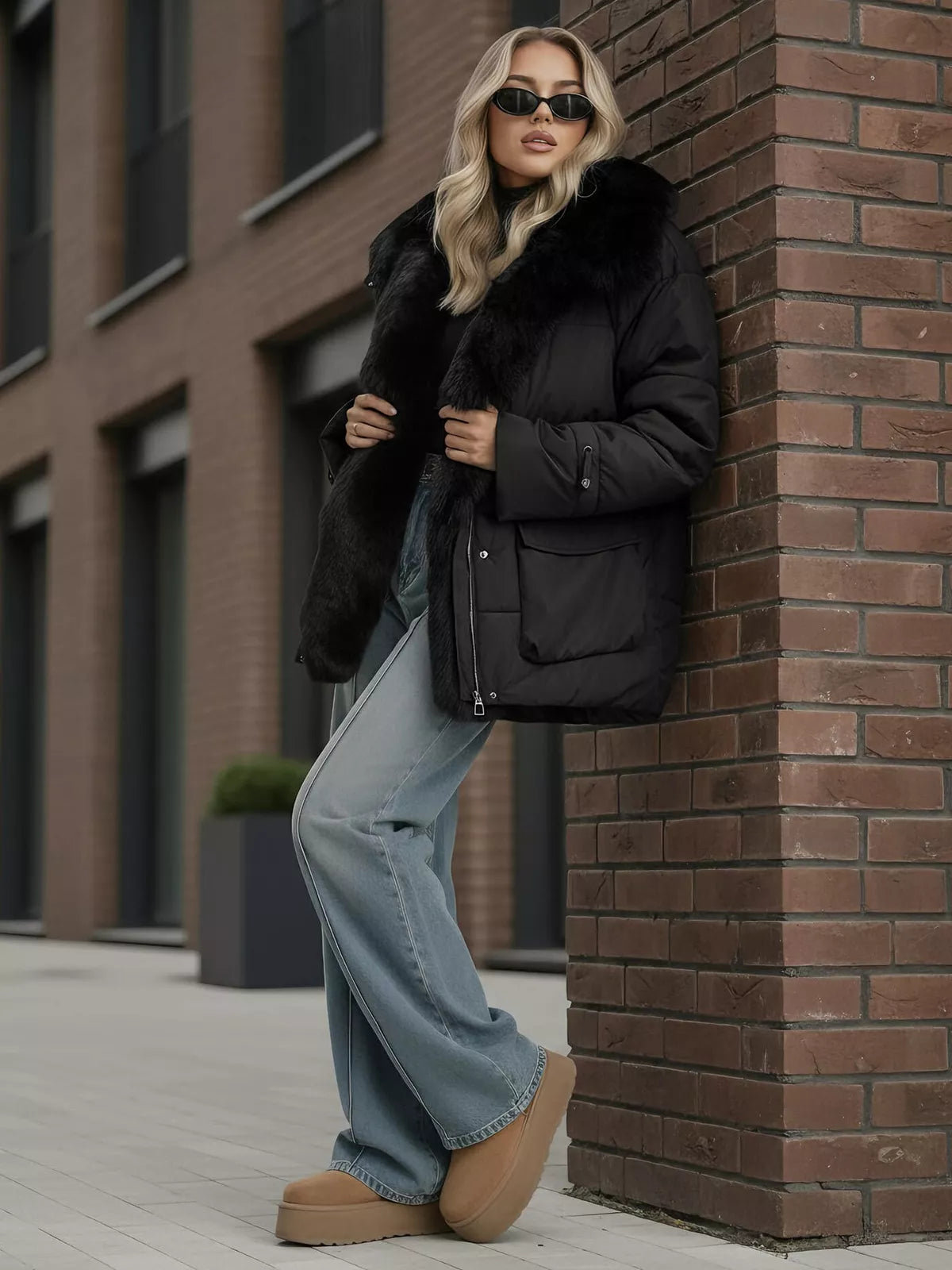 Moteriška juoda striukė su kailiu Sora