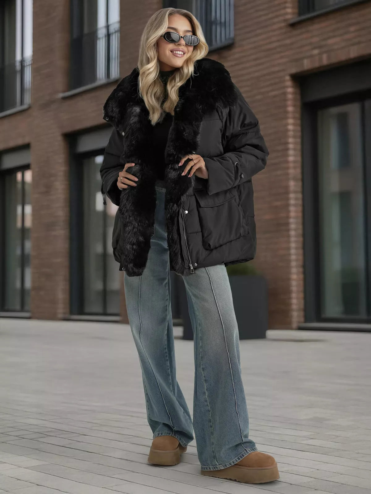 Moteriška juoda striukė su kailiu Sora