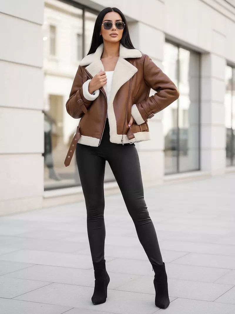 Moteriška ruda odinė striukė su kailiuku Elen