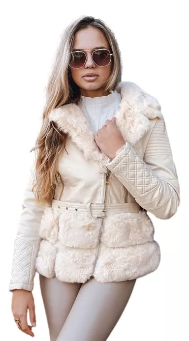 Moteriška rusva odinė baikerio striukė su kailiu Lora