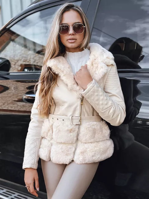 Moteriška rusva odinė baikerio striukė su kailiu Lora