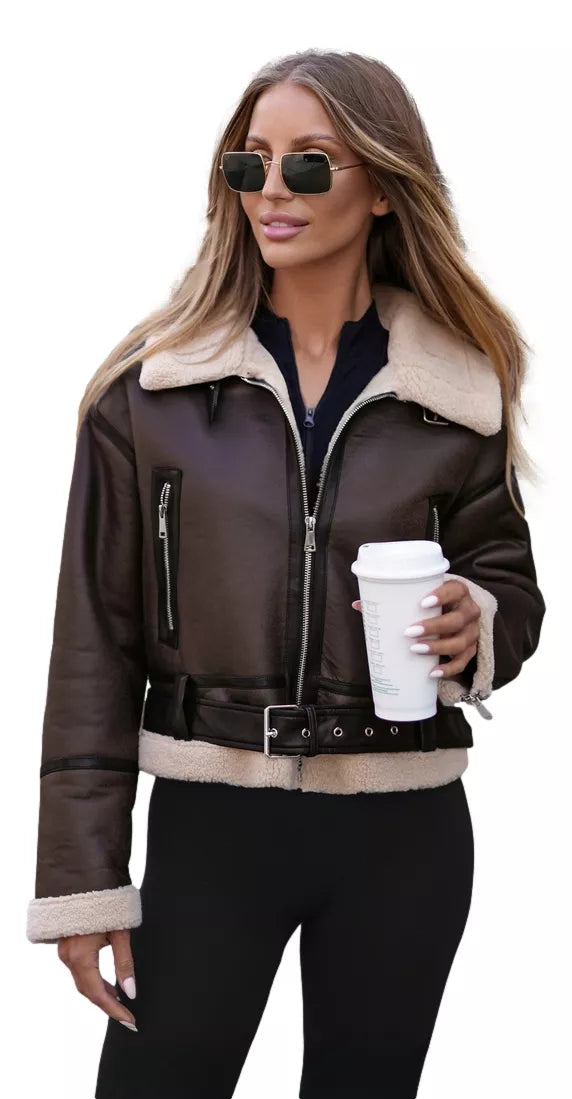 Moteriška tamsiai ruda odinė striukė Alani