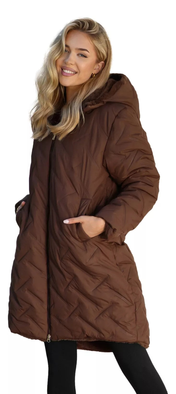 Moteriška žieminė dvipusė ruda striukė su gobtuvu Ela