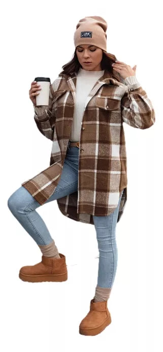 Moteriškas rudas marškinių stiliaus švarkas Plaidify