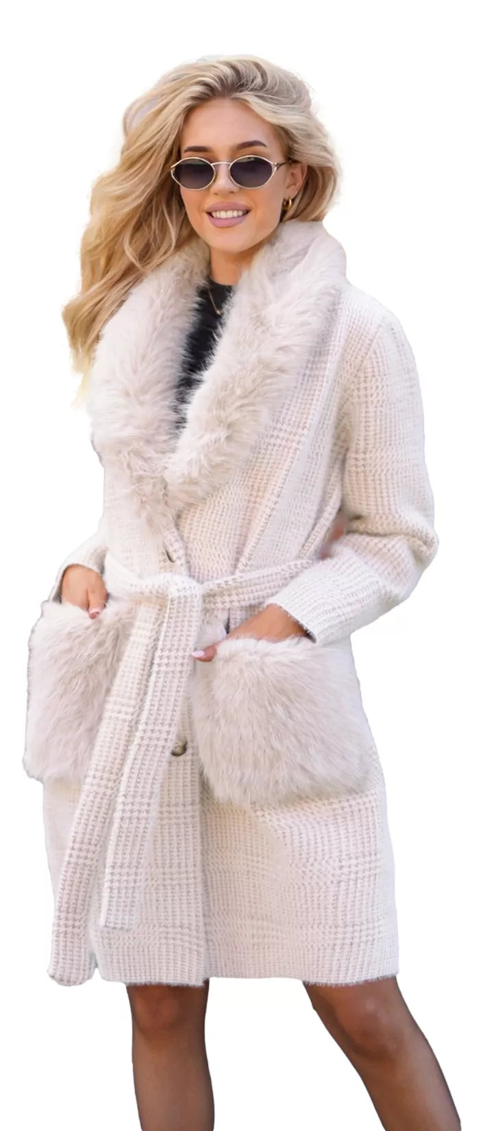 Moteriškas rusvos spalvos paltas su kailiuku Korin