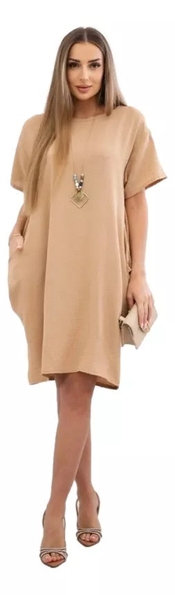 Rudos spalvos suknelė su kišenėmis ir pakabuku Deli