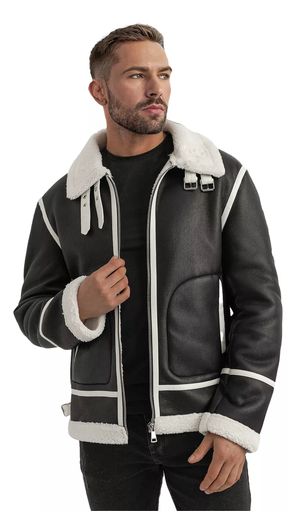 Vyriška juoda odinė striukė su baltu kailiu Capri