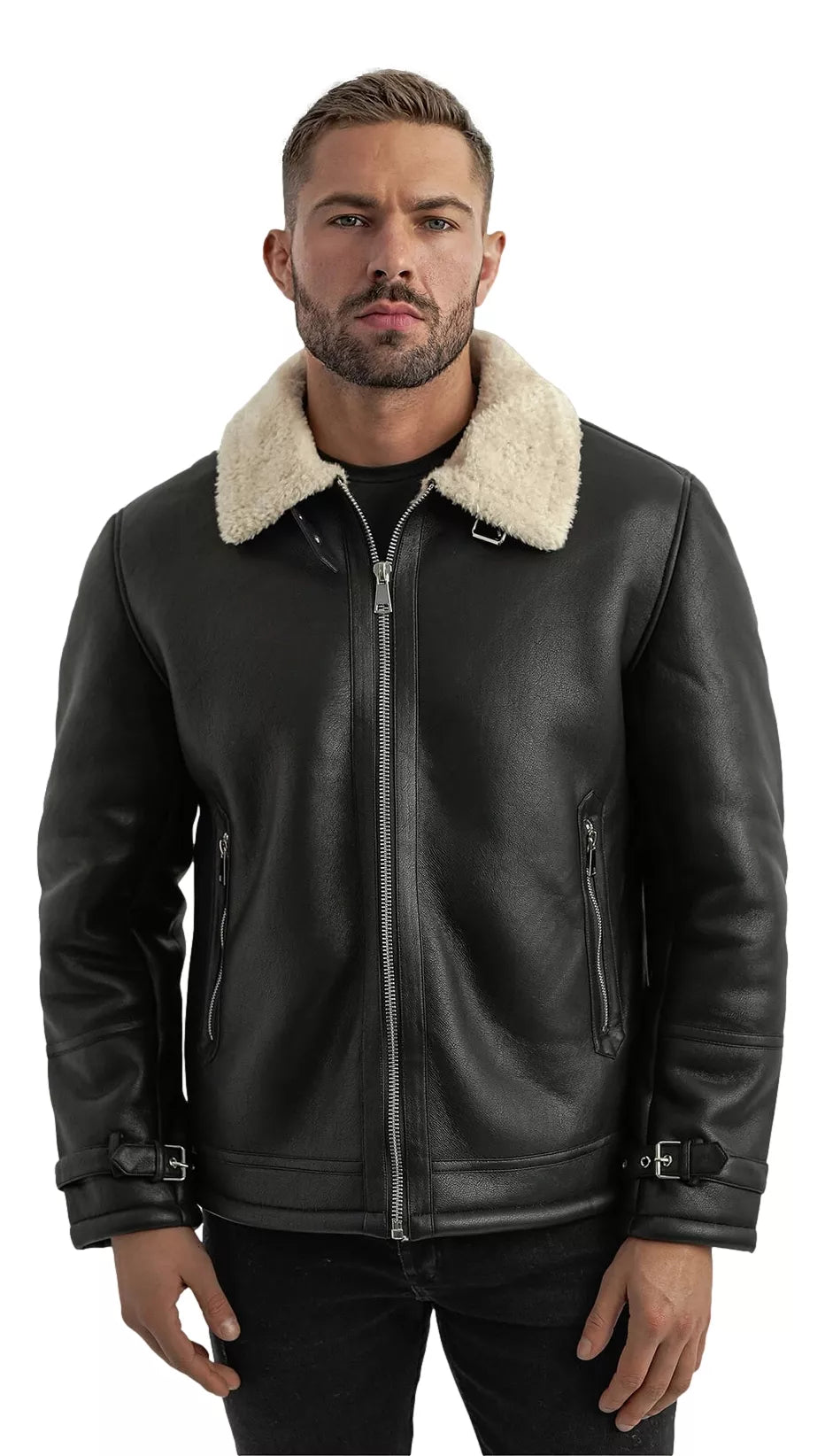 Vyriška juoda odinė striukė su kailiumi Andy