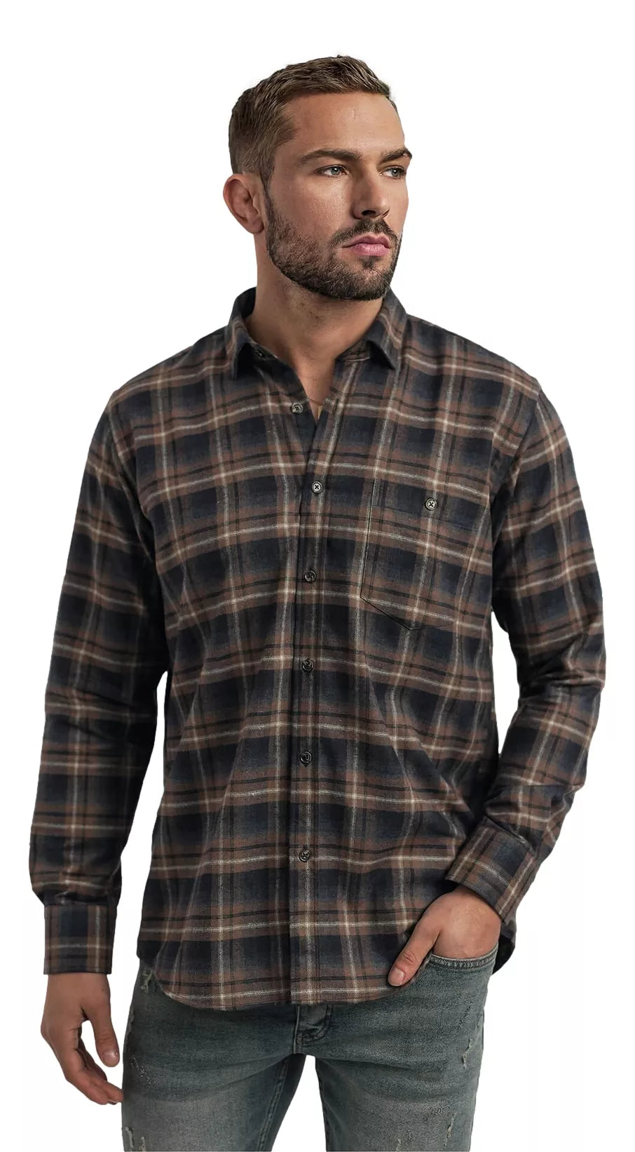 Vyriški tamsiai mėlyni-rudi languoti marškiniai Marino