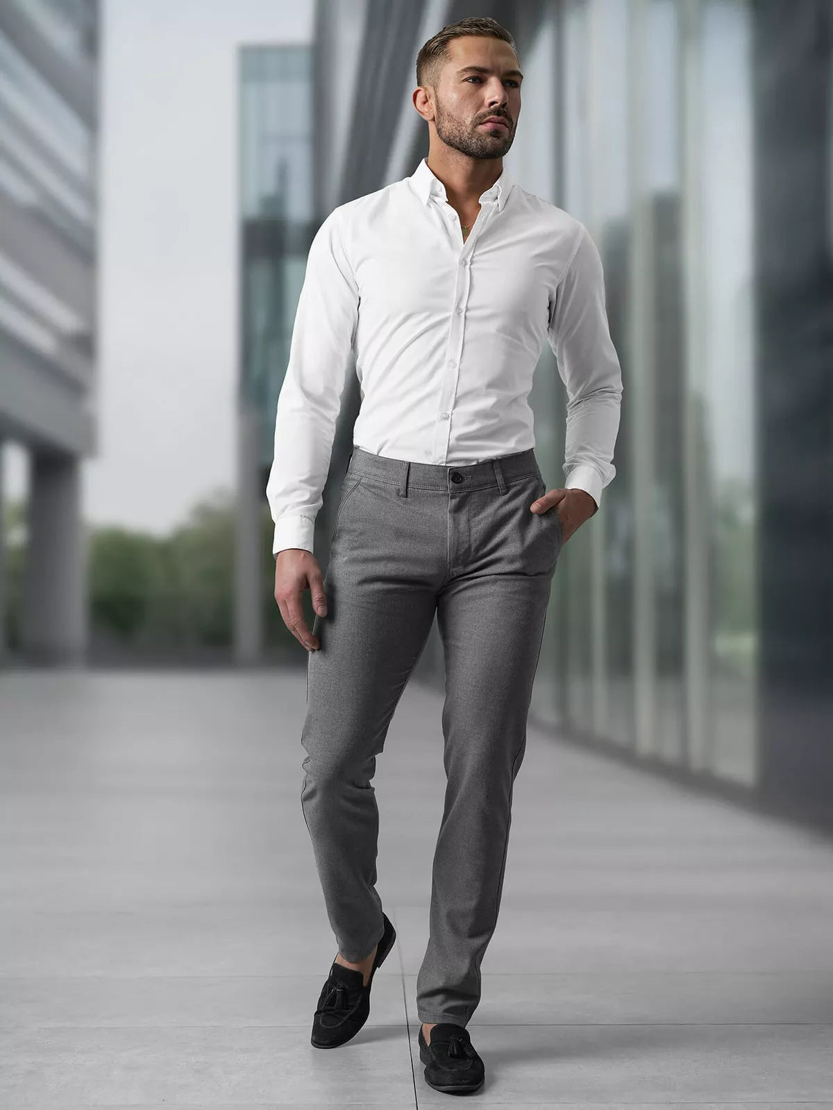 Vyriškos tamsiai pilkos chino kelnės Reno