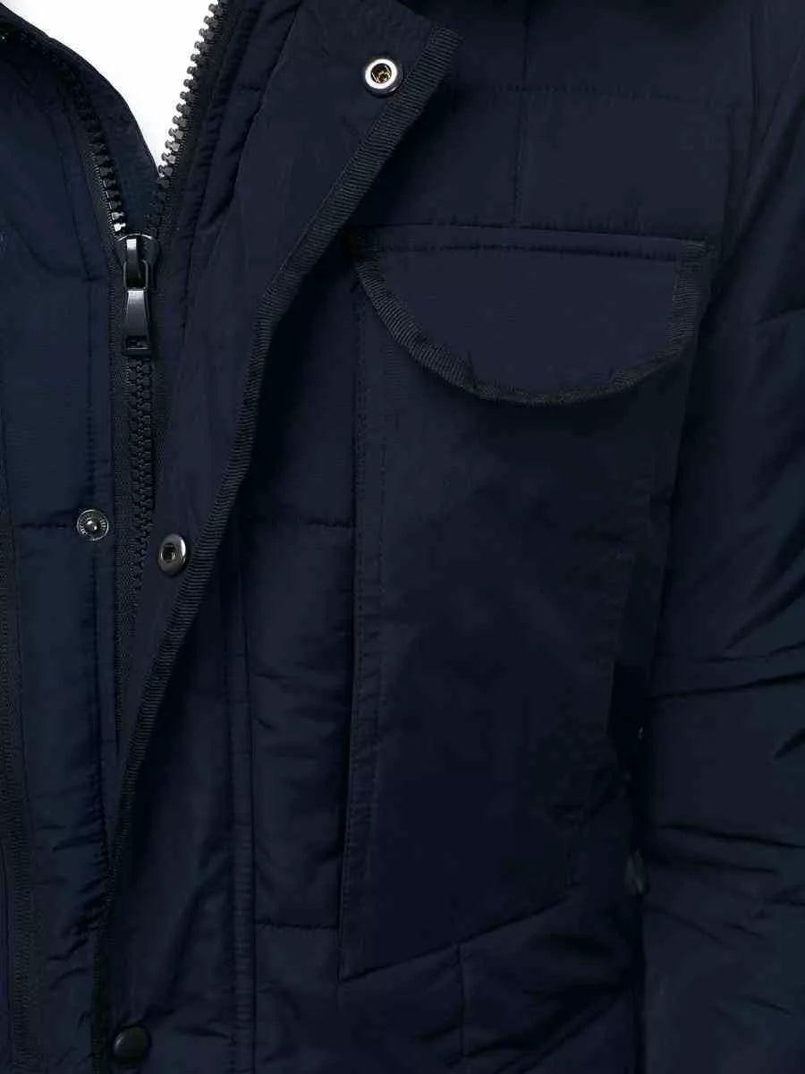 Vyriška tamsiai mėlyna žieminė striukė su kailiniu gobtuvu Remal