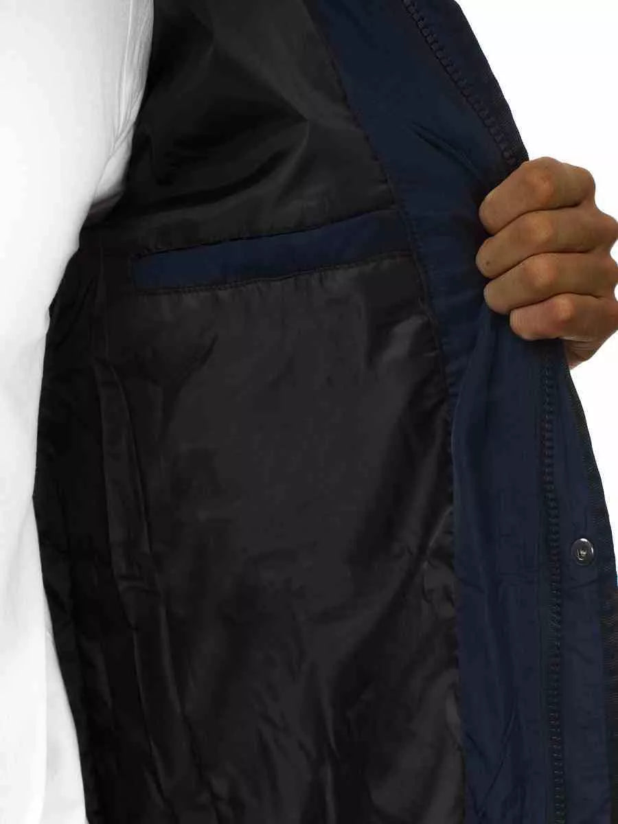 Vyriška tamsiai mėlyna žieminė striukė su kailiniu gobtuvu Remal