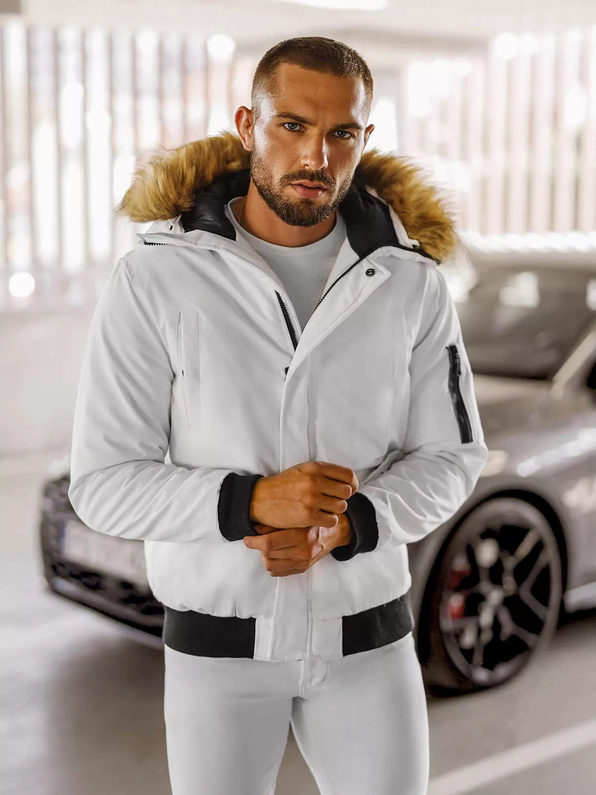 Bomber stiliaus žieminė balta vyriška striukė Lemi