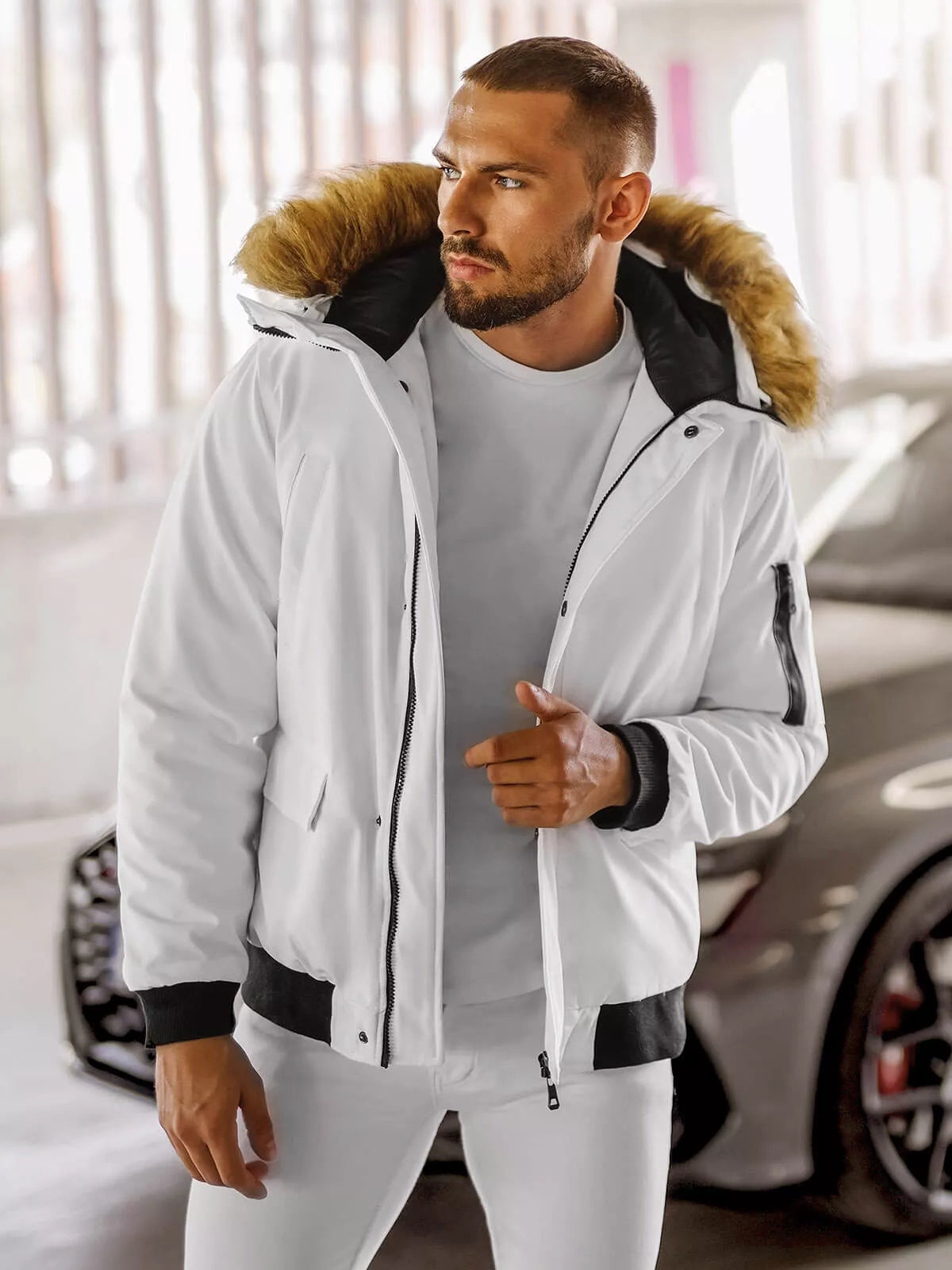 Bomber stiliaus žieminė balta vyriška striukė Lemi