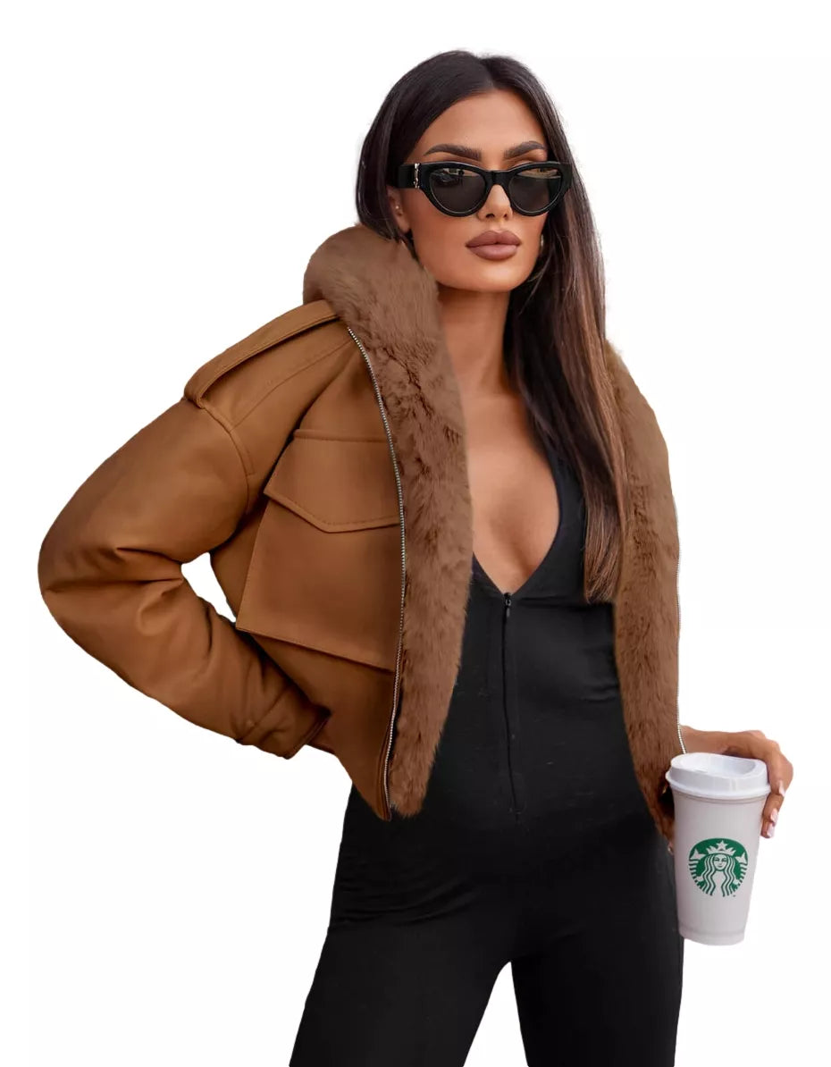 Ruda odinė striukė su rudu kaliuku Auro