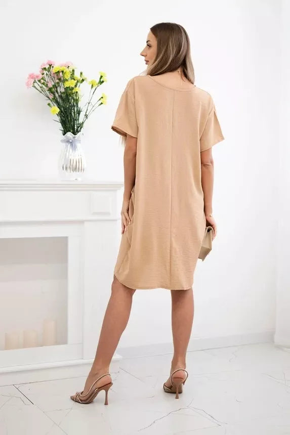 Rudos spalvos suknelė su kišenėmis ir pakabuku Deli