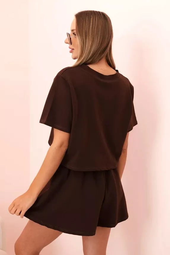 Moteriškas rudos spalvos medvilninis komplektas su plačiais šortais Com