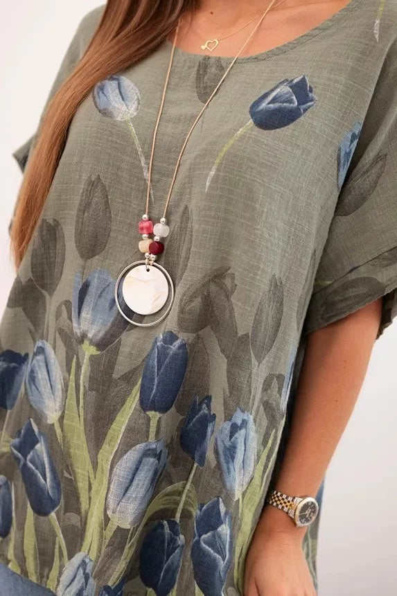 Moteriški chaki marškiniai su gėlėmis Limon