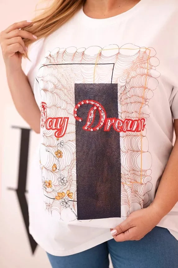 Moteriški balti su tamsiai mėlyna detale marškinėliai Day dream