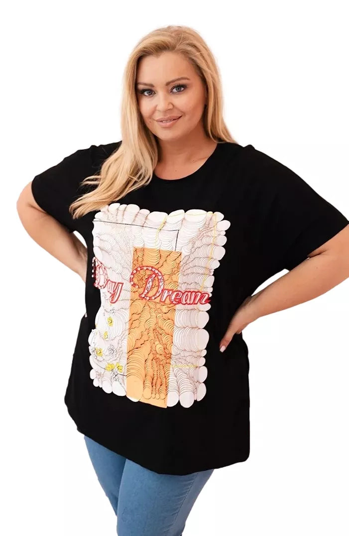 Moteriški juodi su oranžine detale marškinėliai Day dream