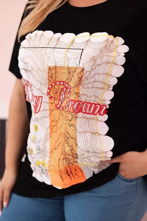 Moteriški juodi su oranžine detale marškinėliai Day dream