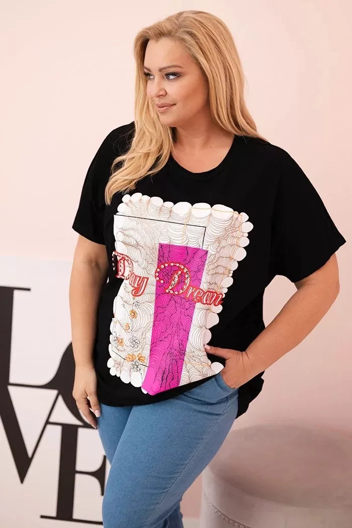 Moteriški juodi su rožine detale marškinėliai Day dream