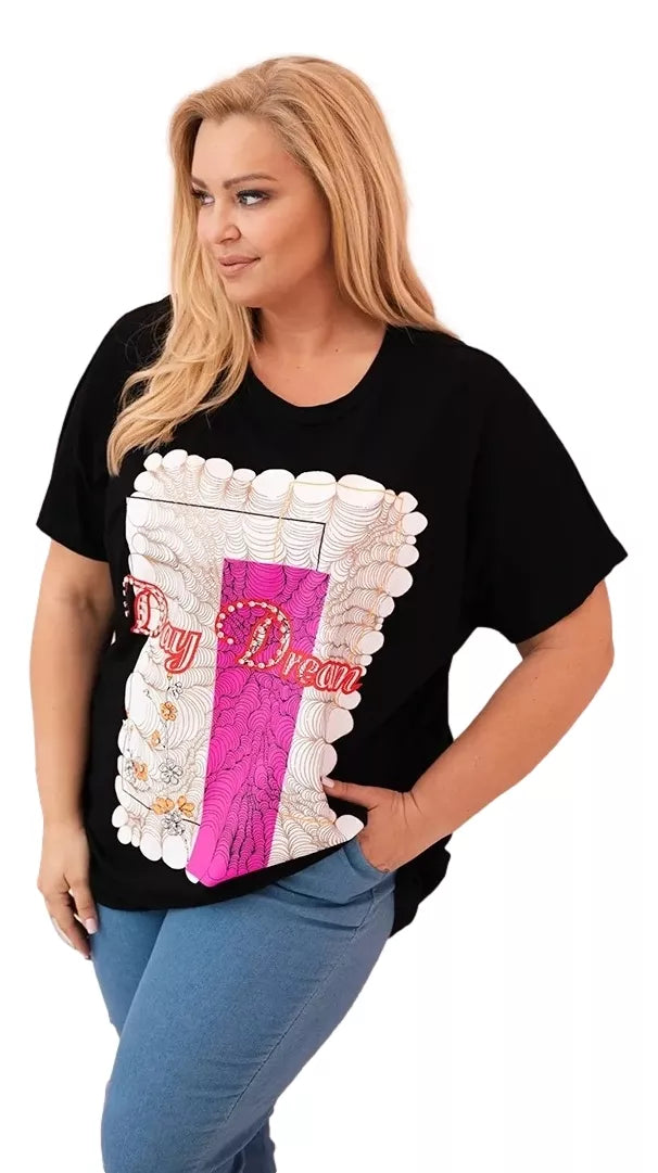 Moteriški juodi su rožine detale marškinėliai Day dream