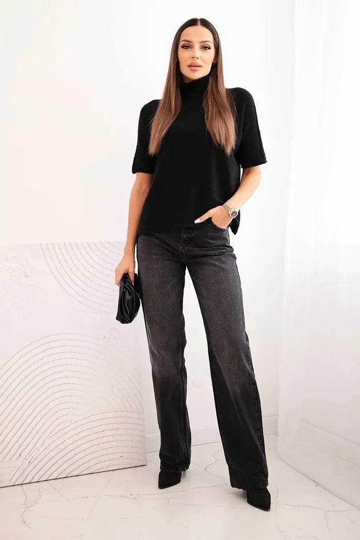 Moteriškas juodas megztinis trumpomis rankovėmis Endi