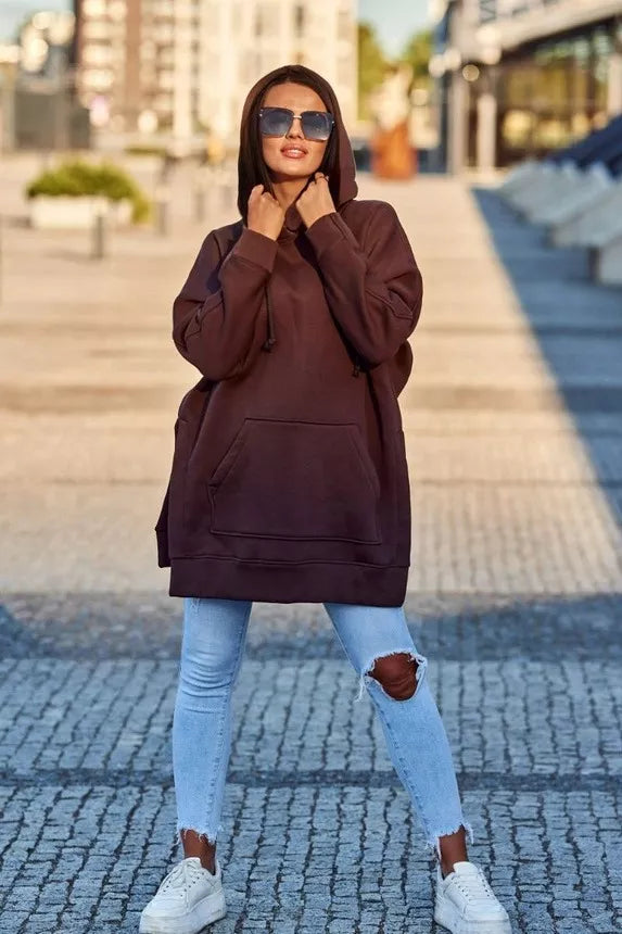 Moteriškas rudas džemperis su gobtuvu Wine