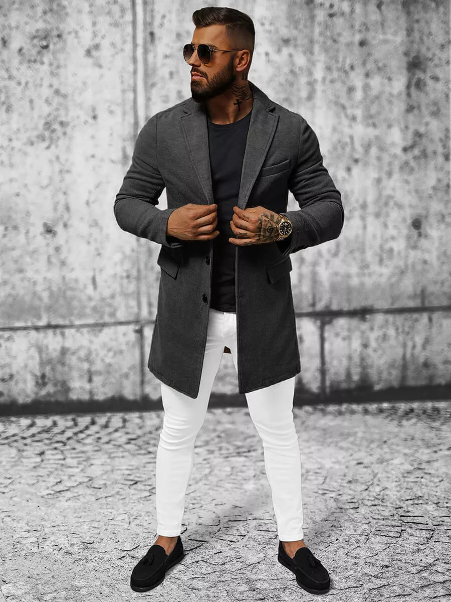 Elegantiškas tamsiai pilkas vyriškas paltas Sugal