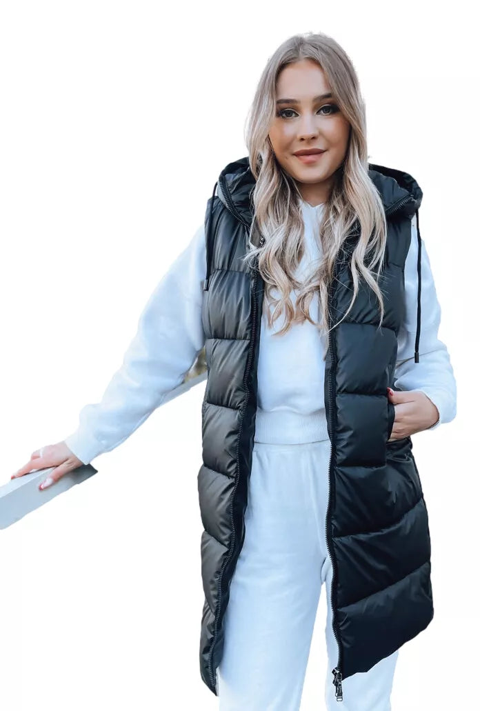 Ilga juoda liemenė su gobtuvu Far