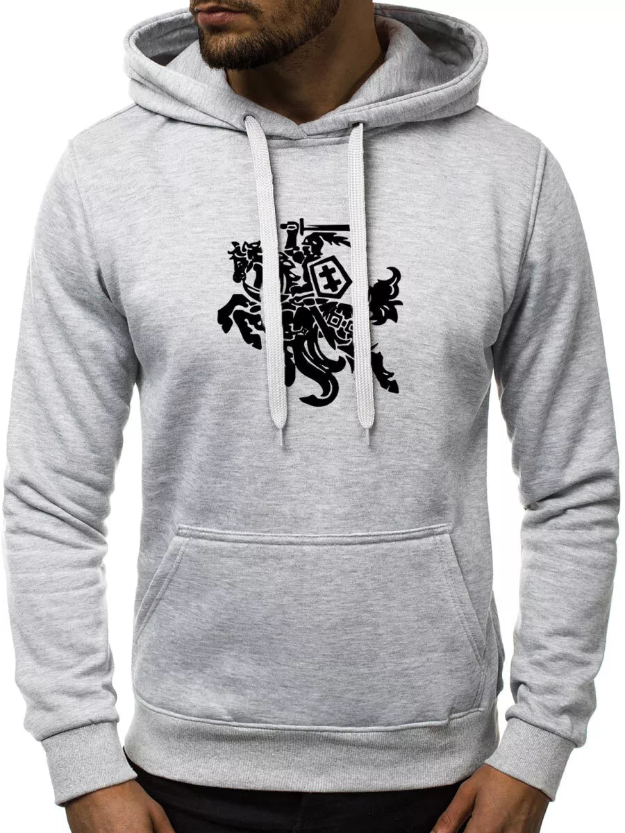 Pilkos spalvos vyriškas džemperis su gobtuvu Vytis