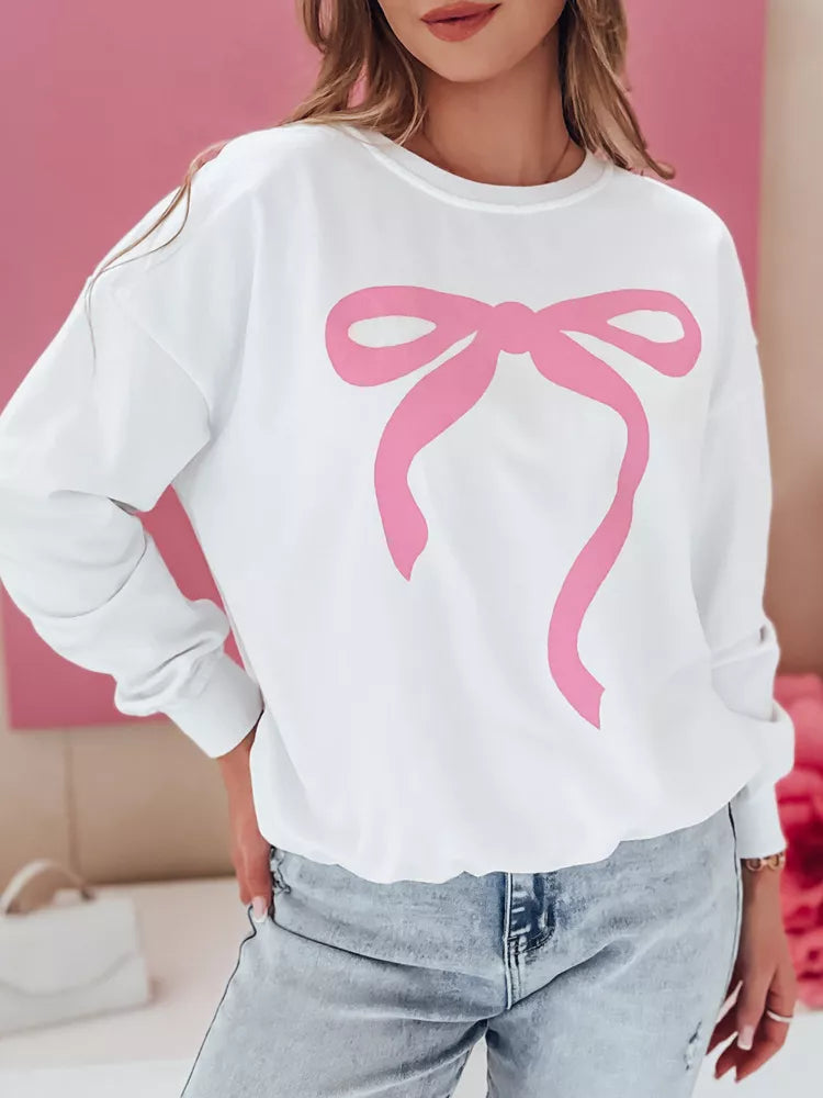 Moteriškas baltas su rožiniu kaspinėliu džemperis Cute