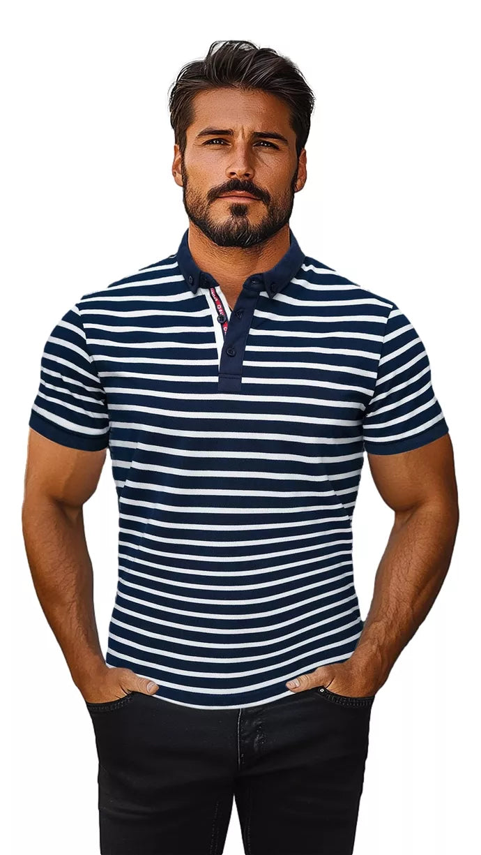 Vyriški dryžuoti tamsiai mėlynos spalvos polo marškinėliai Donat