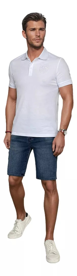 Vyriški baltos spalvos polo marškinėliai su logotipu Emb