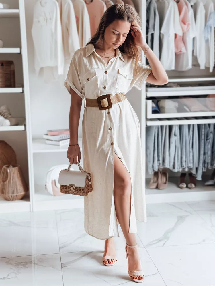 Moteriška šviesiai rusva suknelė su diržu Armina