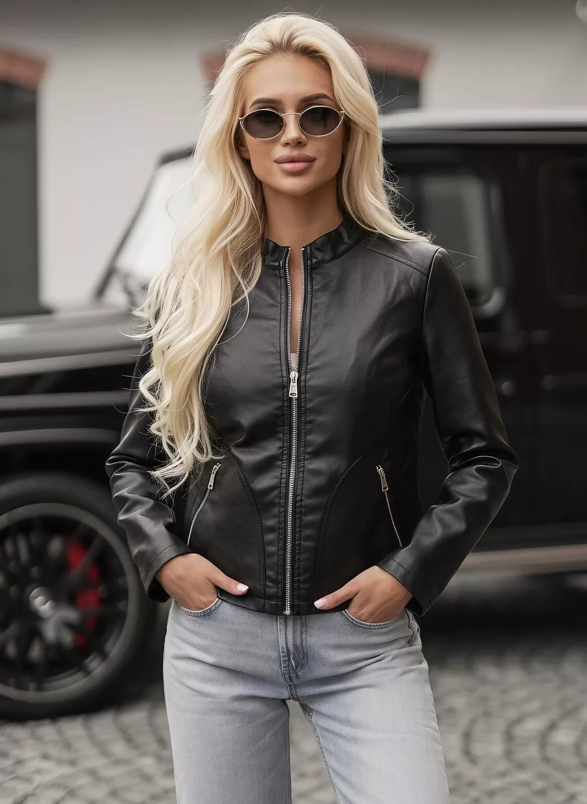 Moteriška juoda odinė striukė Emeli