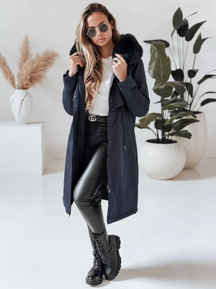 Tamsiai mėlyna ilga moteriška striukė Juste