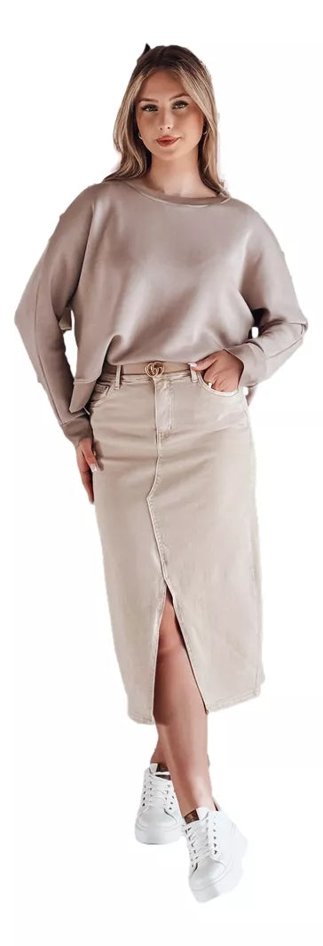 Džinsinis rusvas sijonas su skeltuku Midiway