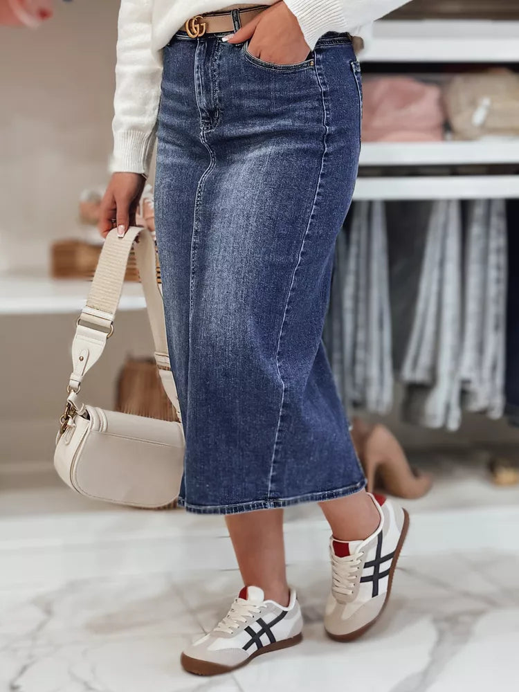 Ilgas džinsinis tamsiai mėlynas sijonas Merita