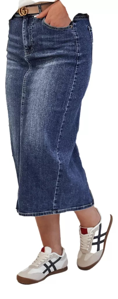 Ilgas džinsinis tamsiai mėlynas sijonas Merita