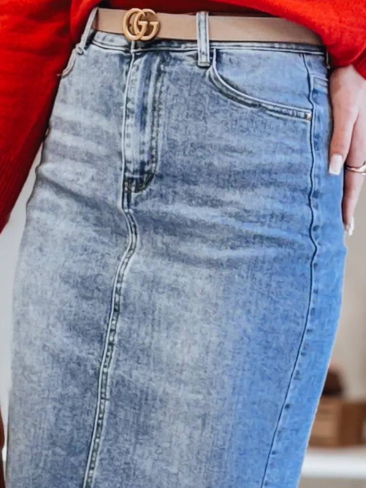 Ilgas džinsinis mėlynas sijonas Merita